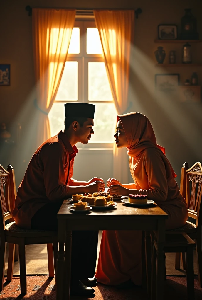 ((very sharp photo result, hyper realistic photo)) (((Best Quality))), (((masterpiece))), (((Ultra-detailed CG))),(((magical ))) backlight shade silhouette shoot of an asian barista couple, the man wear hat, the man woman wear hijab, they are bonding happily, in a vibrant colorful striking cozy cafe, barista corner table with classic & steamy coffee maker machine that steam and brew a cup of hot coffee, interior:striking colorful youth theme cozy cafe, shadow & light