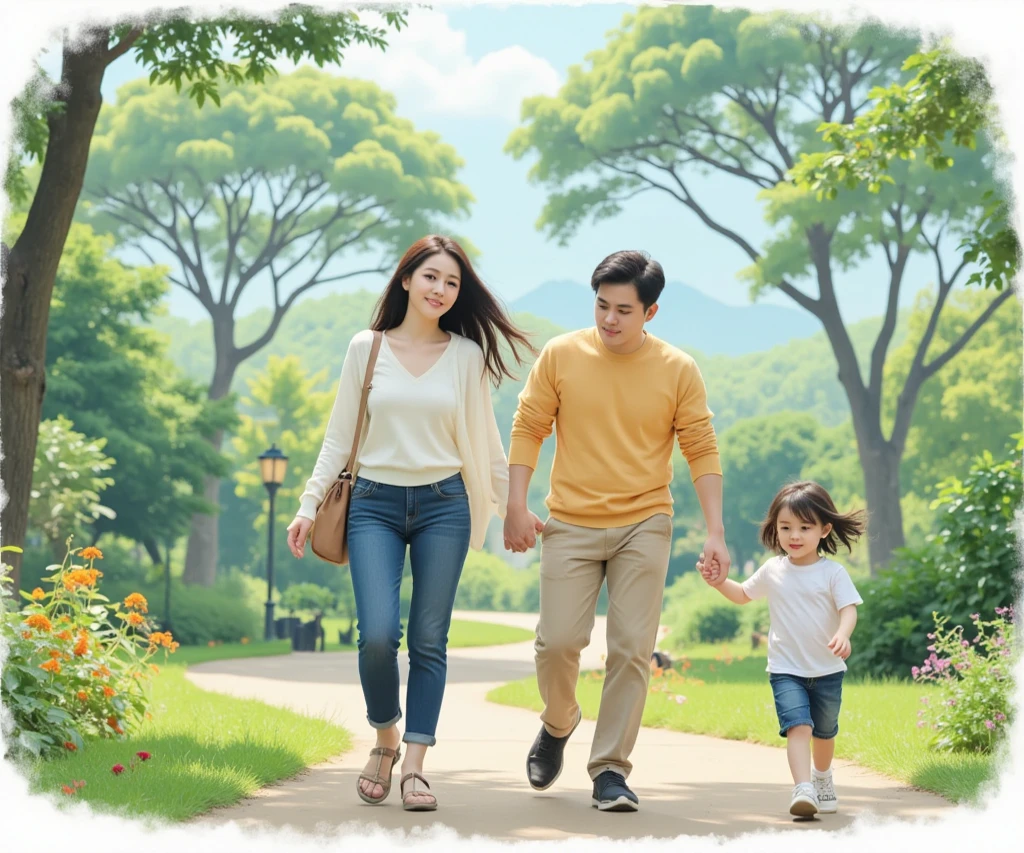 High Resolution, Masterpiece, Accurate, Best Quality, Detail, High Details, High Quality. A 2 Indonesian wife, wearing a white t shirt, blue jeans, long dark hair, white skin, height: 155 cm, weight: 45 kg. A 30 year old indonesian husband, wearing a white t shirt, a white pants, short dark hair, white skin, height: 160 cm, weight: 55 kg. A boy with short hair, wearing yellow shirt, black pants, white skin, height: 95 cm, weight: 13 kg. The image shows a family of three - a man, a woman, and a young boy - running hand in hand in a park or garden. The family is walking on a grassy path surrounded by trees and greenery. The man is on the right side of the image. the woman is in the middle, and the boy is on her left side. All three are smiling and appear to be enjoying their time together. The background is blurred, but it appears to be a wooded area with trees and bushes.