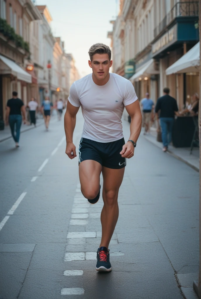 full view full body, Massive young white over-muscular over-inflated and over-bloated bodybuilder male Toby Richards with light-brown undercut haircut, running alone in Regent Park, London, in white Nike air max trainers and white socks, white lycra short jumpsuit