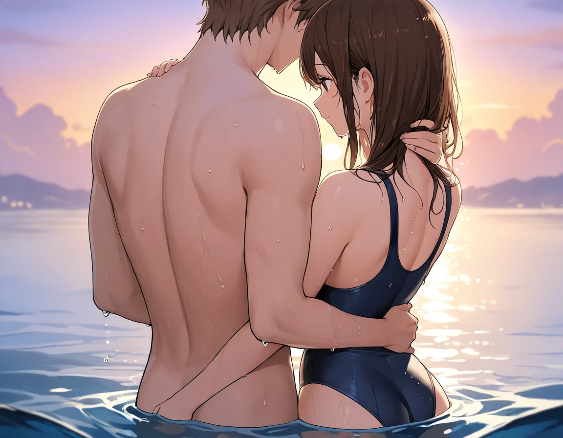 masterpiece, best quality, unity 8k wallpaper, illustration, very detailed, ((pain,rape,여성 1 person,1 person, first sound)), whole body,wet clothes, sweat, Warmth, stiff, big bust, solid body ((in the water))(((Forcibly kissed)))(kiss a man),solid brown male body