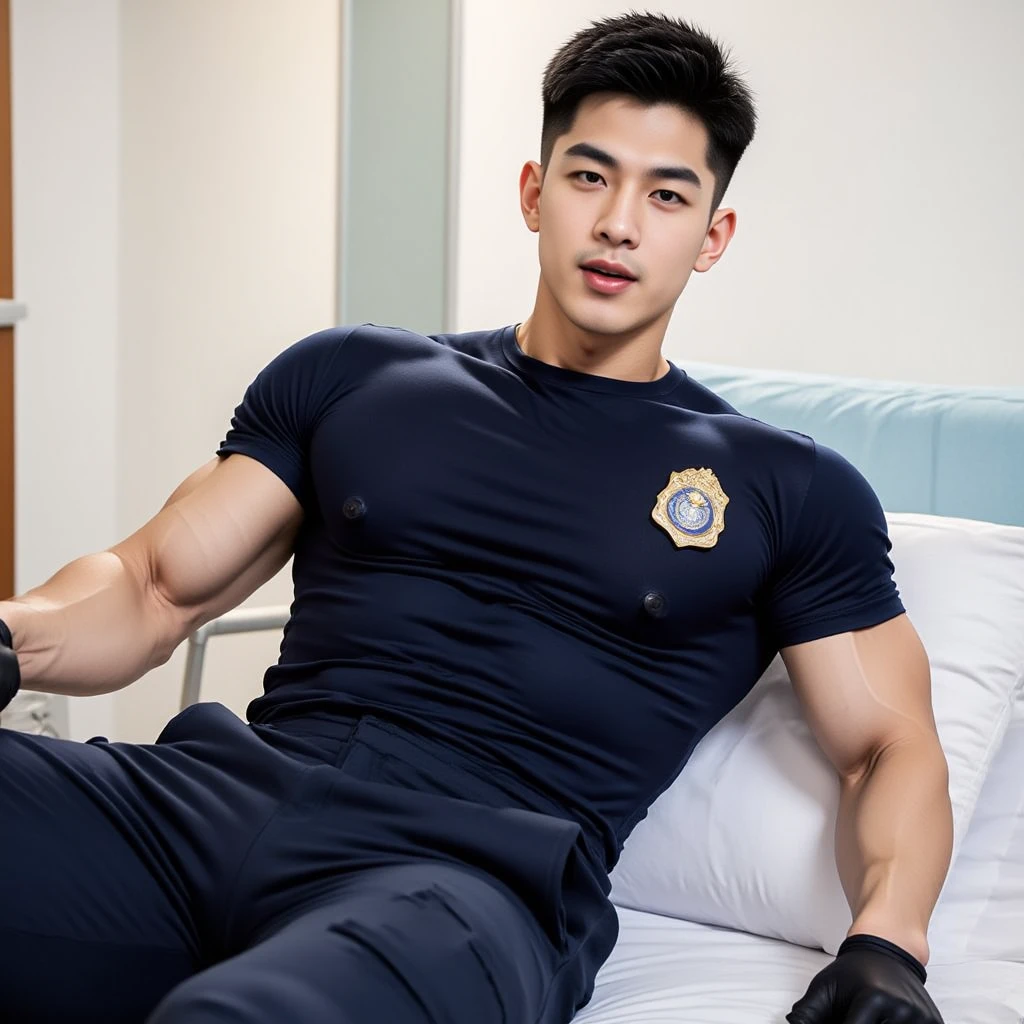 young korean man, dressed as a doctor, with a large bulge in his underwear, wearing sexy clothes, oil painting, detailed facial features, intense gaze, confident smile, muscular physique, toned abs, scrubs, stethoscope, medical equipment, hospital backdrop, professional lighting, vibrant colors