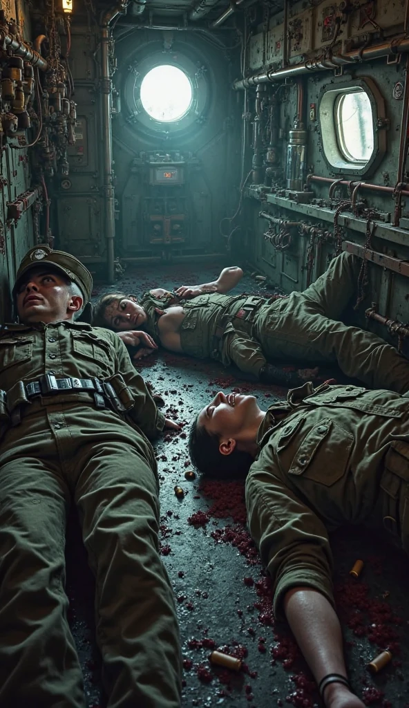 Soldier lying on the floor of the back of a military truck, he sleeps peacefully because the war is over. There are 4 more soldiers who are sitting with their heads down on the side of the rear, because they are tired. The room is lit by a yellowish light flashlight., It's night and it's raining.
