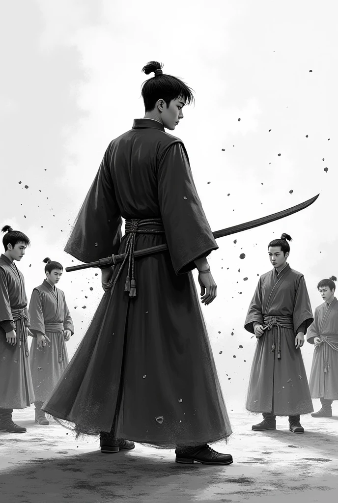 Drawing of a boy holding a large knife in front of a group of people, carrying a large knife on his shoulder, ink style, master work, fine
