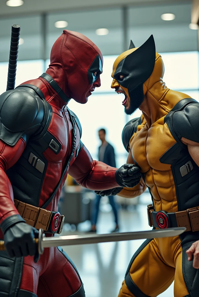 (Best quality, 8k, 32k, Masterpiece, UHD:1.2) "Transform the setting into the climactic final battle scene from a Deadpool and Wolverine confrontation. Imagine a gritty, war-torn battlefield with debris scattered around, flames flickering amidst the chaos, and the sky darkened by smoke. The environment is raw and intense, with shattered concrete, twisted metal, and remnants of previous skirmishes. Deadpool and Wolverine stand amidst the wreckage, locked in a fierce and brutal fight. Wolverine, with his claws extended, is poised for attack, his feral aggression palpable. Deadpool, ever the chaotic force, is ready to counter, his eyes gleaming with mischief and determination. The air is thick with tension, as the two formidable characters clash in a fight that showcases their unique powers and relentless will to survive. The scene captures the gritty, violent essence of their final confrontation, set against a backdrop of destruction and impending doom."