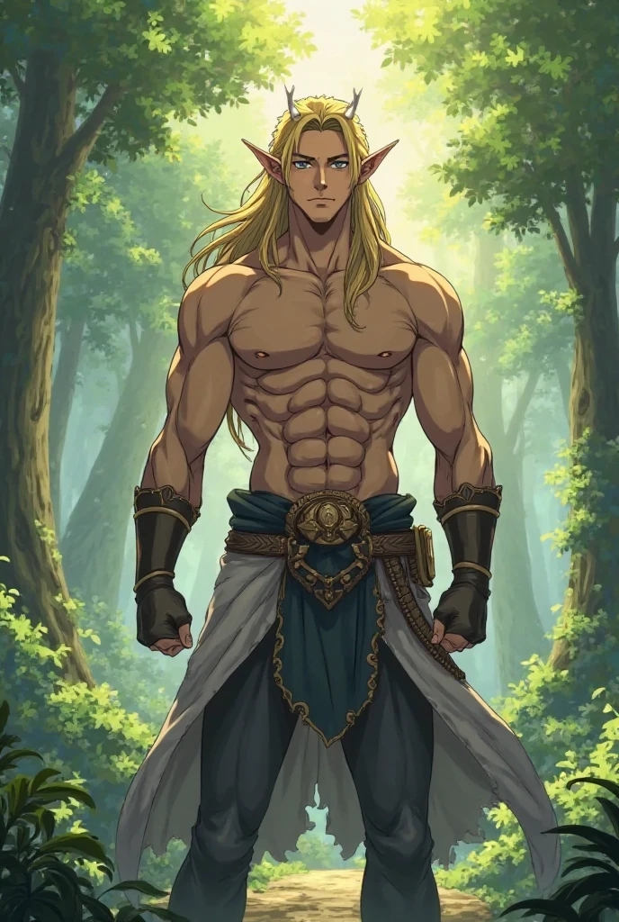 Athletic toned femboy, jungle male with feminine face, dark_skin, brown body, with freckles, dirty face, clean shaved; witchdoctor loincloth, exotic, ethnic; long messy blonde hair, blonde pantherine ears, solo