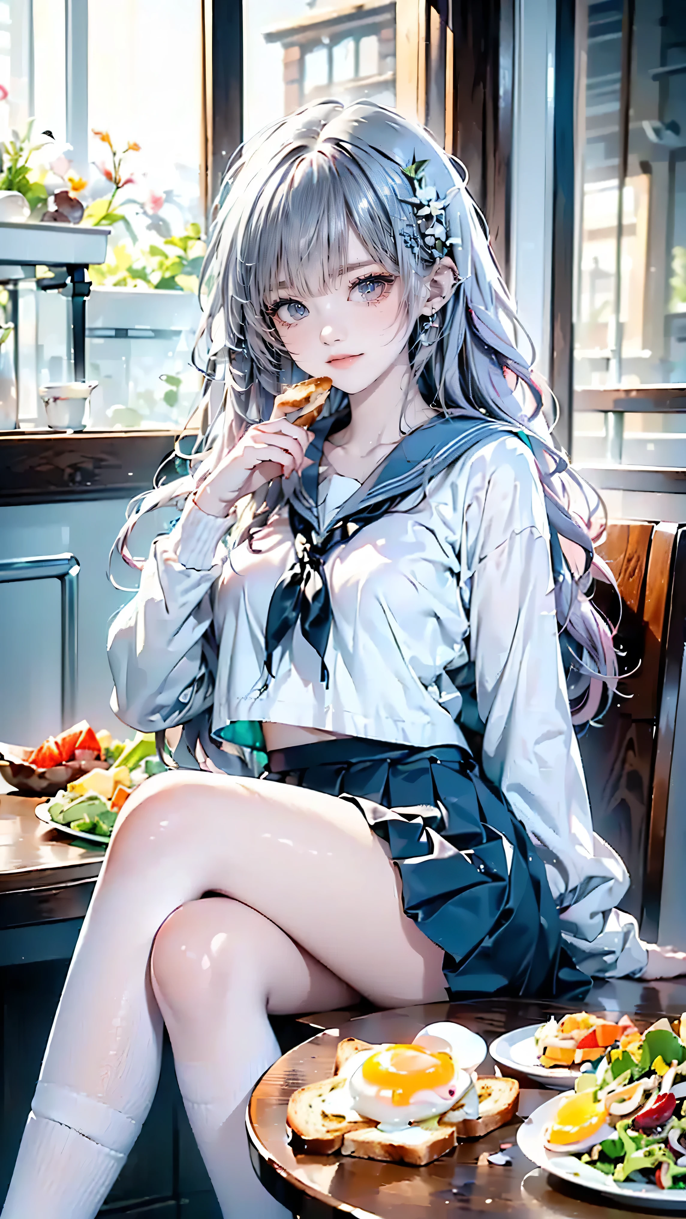Highest quality, 8K, Highest quality, ((Odd-eyed high school girl)), ((Heterochromia, Red Eyes, Green Eyes)), ((Sparkling, Detailed Crimson Eyes)), (Very precise eyes), (Long platinum and purple hair), Princess cut, ((Translucent, shining white skin)), Glossy skin, Very white skin, ((Very small breasts)), ((Mole on chest)), (Anatomically correct depiction), ((Wearing a dark blue long-sleeved sailor uniform)), ((Wearing a dark blue flared skirt)), ((Sitting on a dining chair eating toast)), ((Fried egg and vegetable salad on the table)), Eating toast, Dark blue long-sleeved sailor uniform, Stockings up to the knees, Delicate depiction down to the fingertips, Smile, Very beautiful.