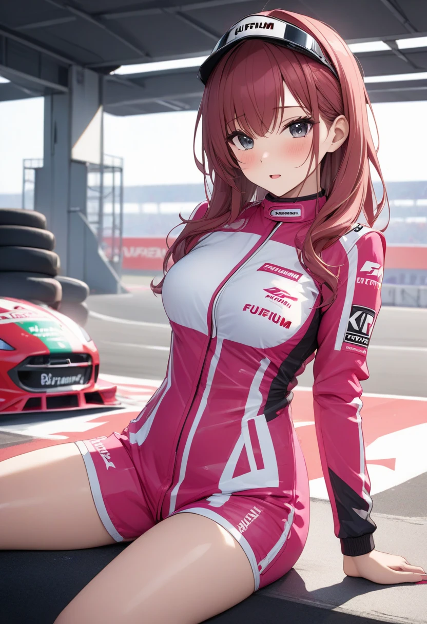 ((highest quality)), ((masterpiece)), (detailed), (Character Focus、), (One Girl: 1.5)、4k、((Symmetrical facial features)), Anime 2D Rendering, Realistic young anime woman, Perfect Face, (Anime eyes:1.2、Beautiful fine details、Shining Eyes), Beautiful body, Beautiful thighs, Beautiful feet, (Beautiful white skin:1.2)、Perfect round 、 Slightly larger 、Red hair、(Long Curly Hair)、Dark blue eyes、Earrings、(Racing Suits:1.4)、 Captivating smile、Face towards the viewer、turn around、
