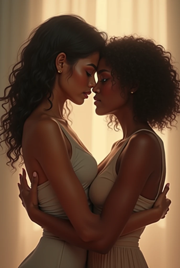 Create a book cover in a dark-toned drawing with two women, a brunette woman with long afro hair and the other white woman with long black hair and blue eyes., erotic 