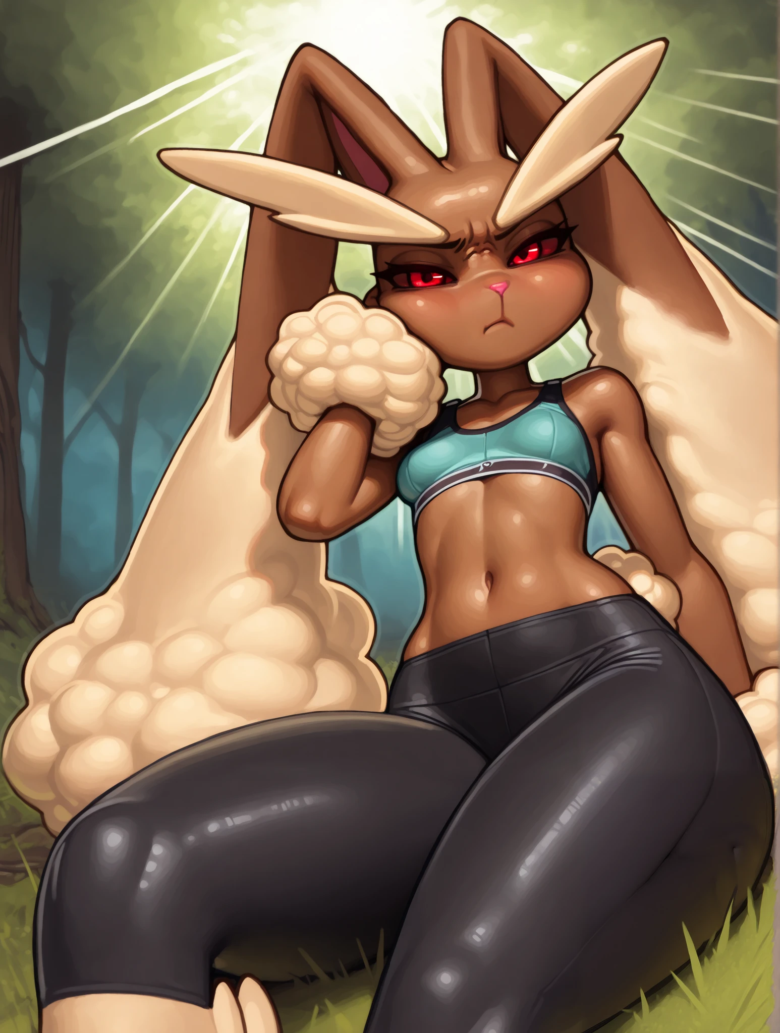 score_9, score_8_up, score_7_up, score_6_up, score_5_up, score_4_up, break, source_furry, 1girl,  lopunny, smiling, looking at viewer, happy, open mouth, forest, 