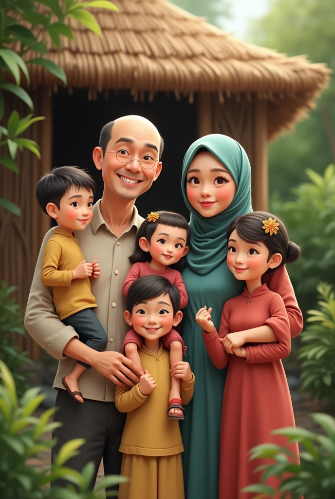 Happy family with her bald dad her beautiful mother in a hijab,has a daughter one in hijab.
And has 3 handsome sons.living in a simple bamboo house near the garden