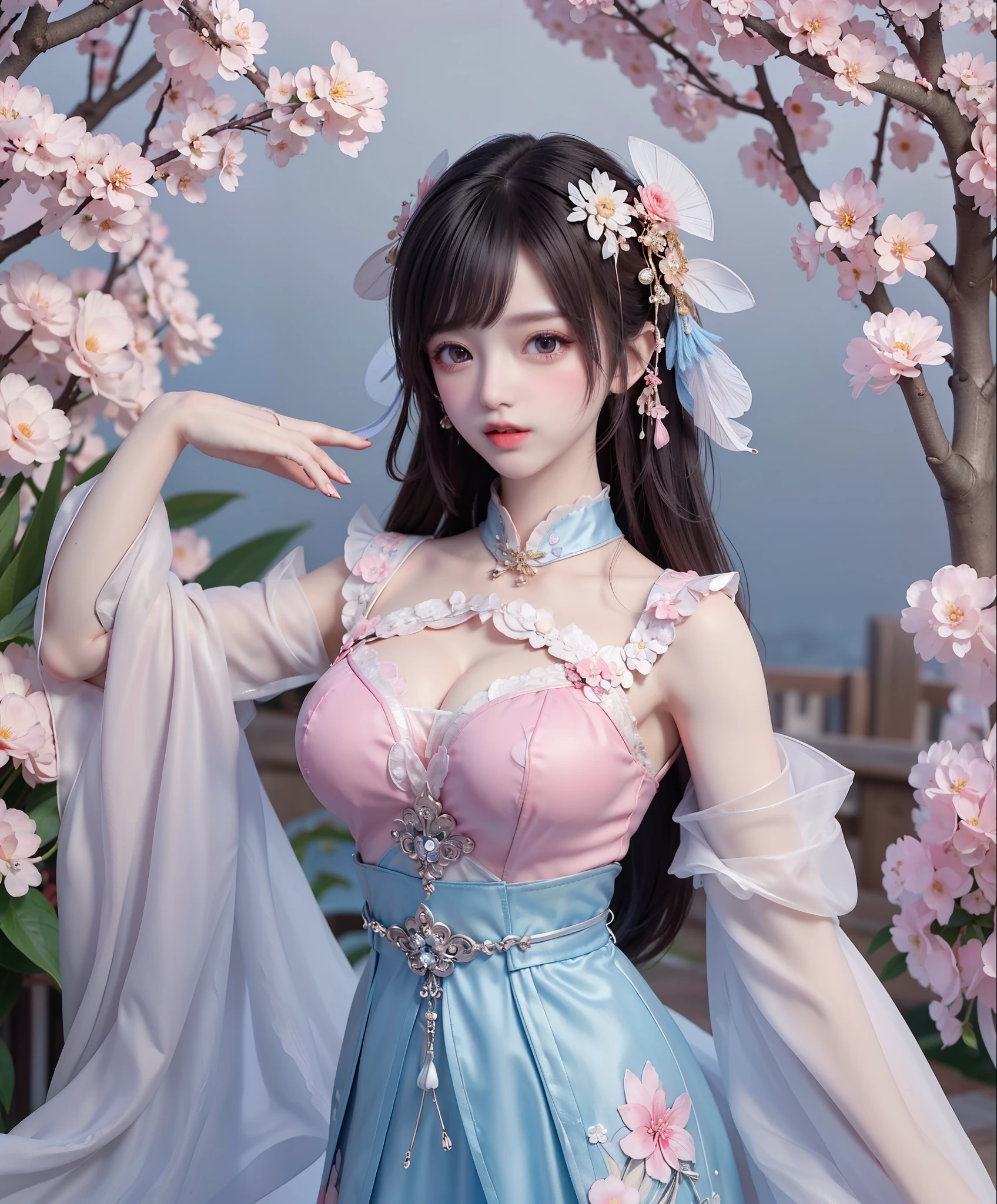(8k, RAW photo:1.2), best quality, ultra high res,dramatic angle,(fluttered detailed color splashs), (illustration),(((1 girl))),(long hair),(rain:0.9), (Headdress:1.4),There is an ancient palace beside the girl,qipao dress,(Key Points),Color ink painting,(Splash of Color),Splash of Color,(((colorful))),(sketch:0.8) , Masterpiece, best quality, beautiful painted, highly detailed,(denoising:0.6),[splash ink],((ink refraction)), (beautiful detailed sky),moon,highly,detaild,(masterpiece, best quality, extremely detailed） CG Unity 8k Wallpaper，masterpiece，best quality，Ultra Detailed），（Lycoris）.shoulder ballet dress open V-chested clothes Thin silk lace dress short skirt , (huge ，cleavage),, white pink, blue ，best qualtiy，tmasterpiece，Ultra-high resolution，（Reality：1.4），RAW photogr，（True skin texture：1.3），（filmgrain：1.3），（Selfie angle），1个Giant Breast Girl，Beautiful eye and face details，tmasterpiece，Best quality at best，，The chest more exposed， detailed hair, bra pink , detail 8k, full body, lace petticoat, lying on bed