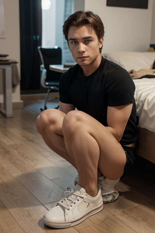 One with dark hair sitting on a bed wearing black underwear he wears white socks with a black stripe 