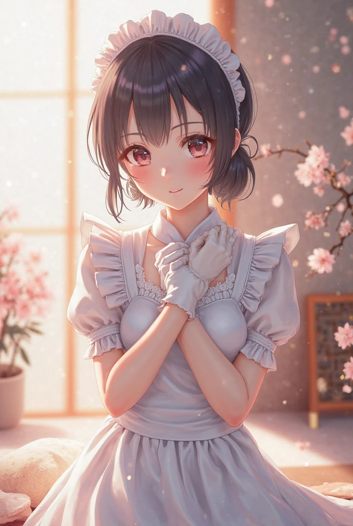 Very cute and beautiful girl standing near the window、,(White plaid summer dress with fine frills),No sleeve,Fine lace,(Skirt Lift,White panties),、(((((Fan yourself with a fan in your hand))))))、Panties are slightly visible、 (Very detailed美しい顔),grassland,wooden floating cottage, Cowboy Shot,(smile),blush,Watching the audience、、Medium Hair,Black Hair,Updo, (Highest quality,masterpiece:1.2),Disorganized,High resolution,Super detailed,Very detailed,32k,8K resolution, Intricate details,Movie Scenes,Detailed Background,alone,Dynamic Angle, evening、Sunset、Natural light,Particles of light,Beautiful detailed sky,Perfect hands,
