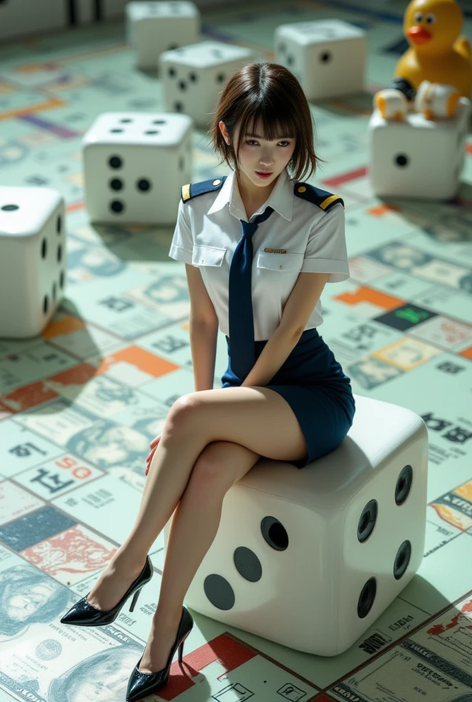 "Ultra-realistic body and a sexy, cute girl dressed in a Vietnam's Army uniform, holding a Gamble card. High-quality 8k image with soft lighting."