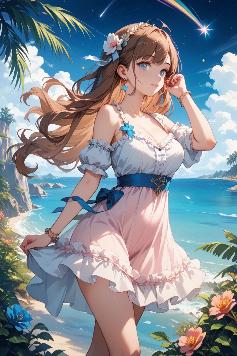 Woman in Greece portrait anime green eyes Nikon camera sunset hour realistic photography Beach House at Greek island animation realistic brown hair (magazine:1.4) (cover-style:1.3)