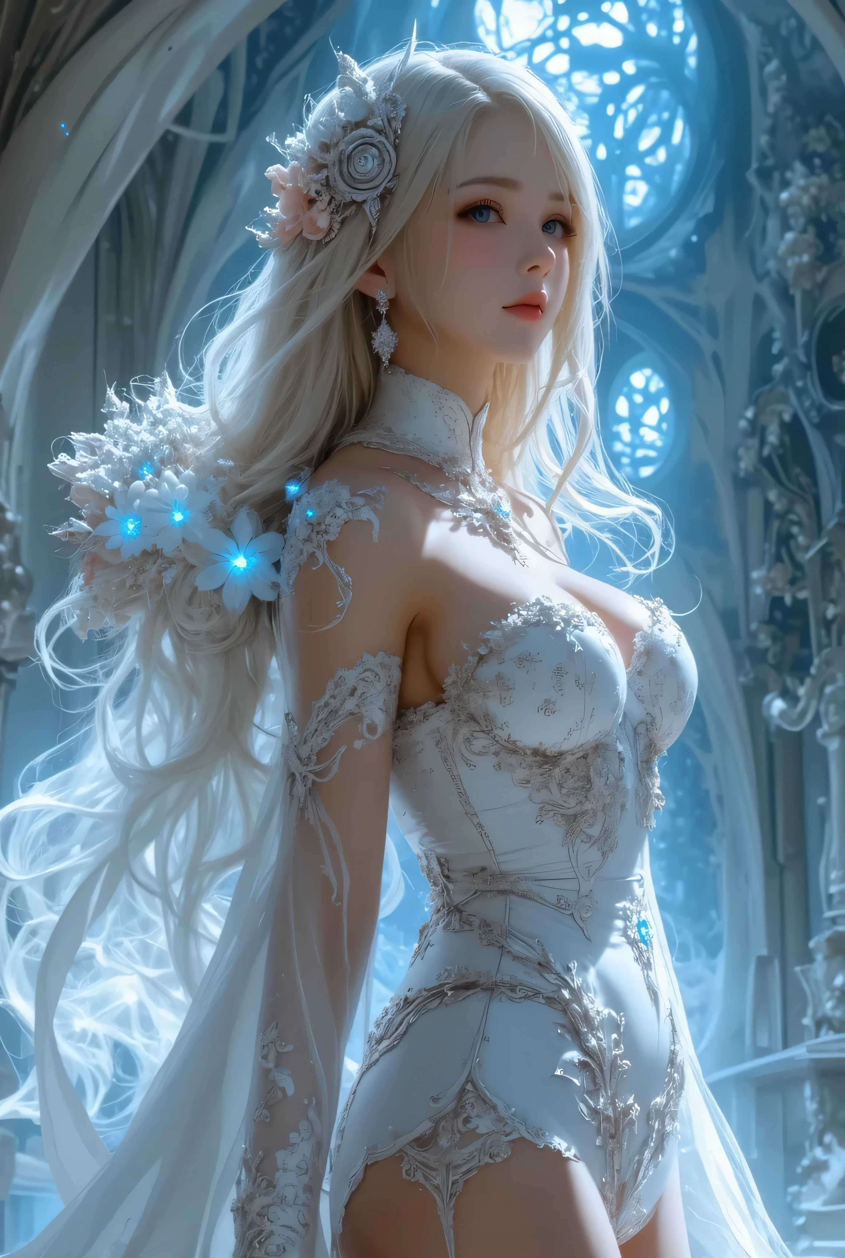 1 girl, solo, (watercolor texture), soft color, illustration anime, waved long hair, white armor, ice theme, tiara made of ice, white hair, ice palace, ic34rmor, simple black background, ice crystals, rainbow ice