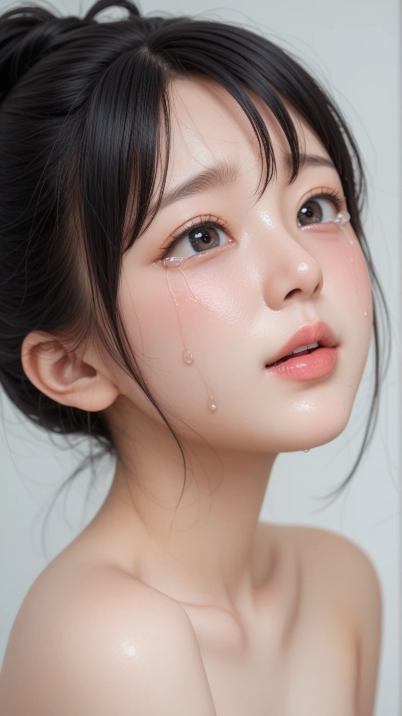 (Tabletop、highest quality、8k、Award-winning works、Ultra-high resolution)、One Woman、(Face close-up:1.1)、(Pure white background:1.1)、Perfect beautiful face、(Semen-covered face:1.3)、(Closed lips:1.2)、Long straight black hair、Long Bangs