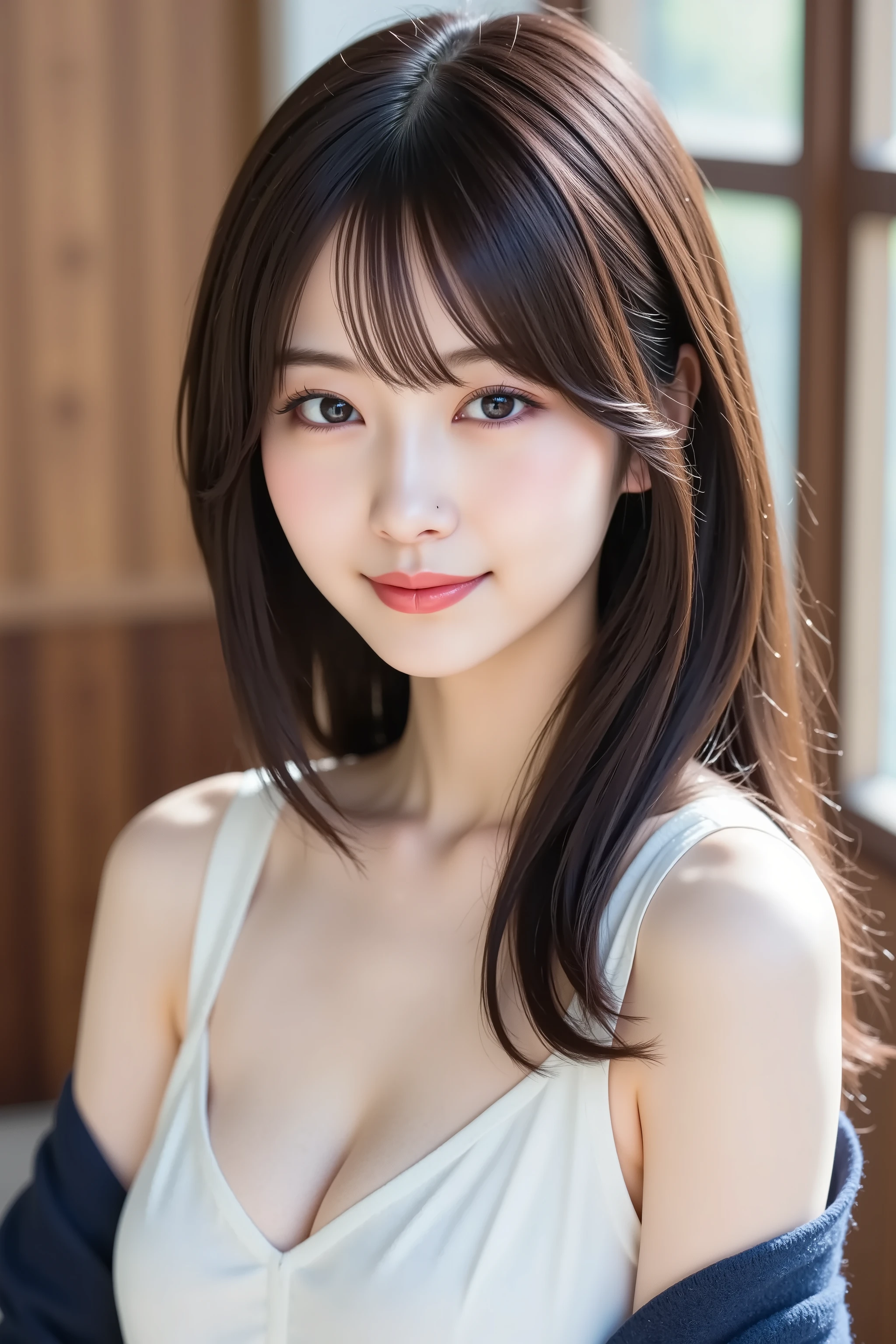 The face is positioned exactly in the center of the image , black hair , Tight Chest 、, the entire head is fully reflected , Face clearly visible、white blouse with open chest collar and navy jacket, Women's Room Background , long hair per person、bungs, smile, young and cute Japanese face , OFFICIAL ART, high image quality CG Unity 8k wallpaper,Ultra high image quality , very well detailed, high image quality , Filmgrain , Lens Flare Glow , top quality ,8k, as portrait shots ,8k, viewer , masterpiece,top quality ,very well detailed, it's cute ,sexy,very well detailedな,detailware features ,beautiful, illustration , beautiful Japanese woman, ladies 1