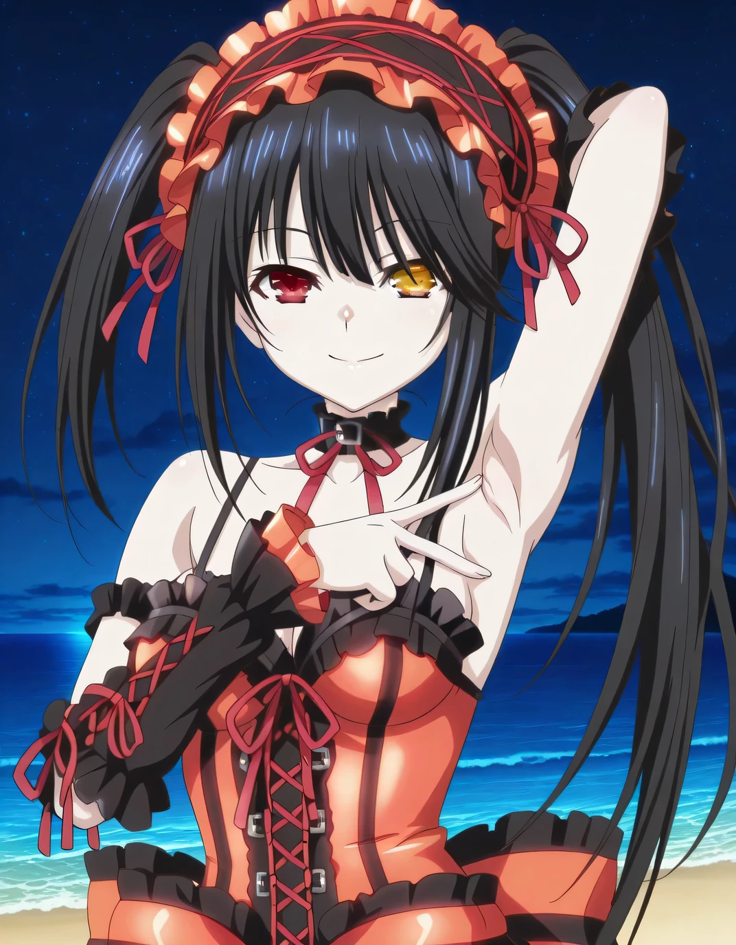 kurumi tokisaki, black hair, red eyes, long hair, twintails, yellow eyes, heterochromia, mature female, medium breasts, anime screencap, hairband, dress, red dress, bare shoulders, collarbone, choker, bowtie, red bowtie, detached sleeves, corset, frills, cleavage, lolita fashion, lolita hairband, gothic lolita, tokisaki kurumi, high quality, solo, upper body, (contrapposto), v, hand behind head, spread armpit, presenting armpit, closed mouth, night sky, beach, looking at viewer, smile, best quality