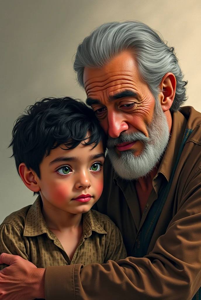 A old man with black jacket situng with young boy and making live with him