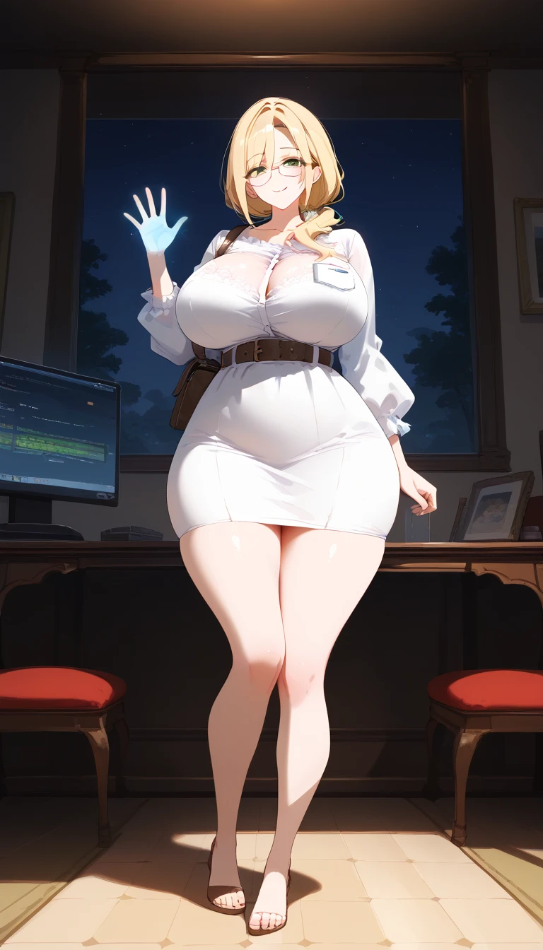 Ultra-realistic 8k CG, beautiful girl with white hair, blue eyes, open mouth, puffy, plump body, corset breast, fleshy thighs, white floral pattern stockings, high heels, full body, looking at the audience, symmetry, add_detail:1.5