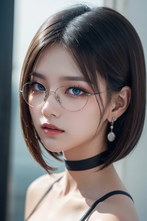 short hair, black hair, 1 girl, blank background, choker, blue eyes, asian, glasses,