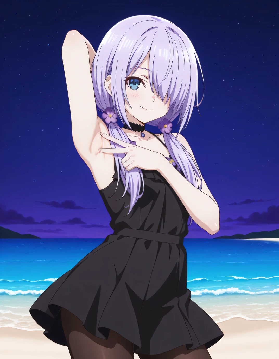 eves, dress, pantyhose, hair over one eye, black dress, sleeveless, choker, collarbone, skirt, black skirt, flowers, hair flowers, purple flowers, twintails, low twintails, high quality, solo, upper body, (contrapposto), v, hand behind head, spread armpit, presenting armpit, closed mouth, night sky, beach, looking at viewer, smile, best quality