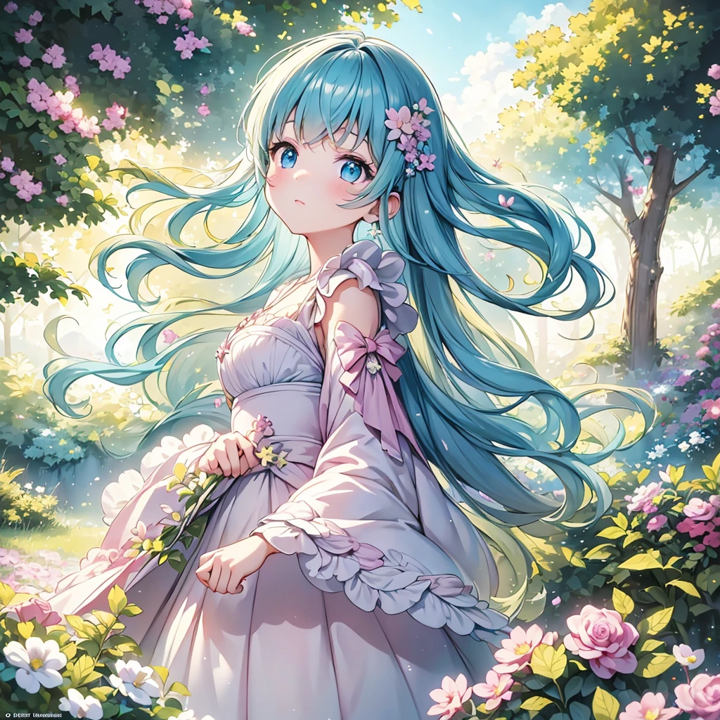 (best quality,ultra-detailed,photorealistic:1.37),colorful,ethereal lighting,soft pastel tones,blissful atmosphere,flower garden,daytime,summer vibes,joyful expression,cheerful smile,twinkling stars,sparkling eyes,long wavy hair,flowing dress,tiny butterflies,dainty floral crown,innocent beauty,natural and radiant appearance,serene and peaceful setting,harmony with nature,playful sunbeams,delicate features,dreamy and whimsical ambiance,delightful and enchanting moment.