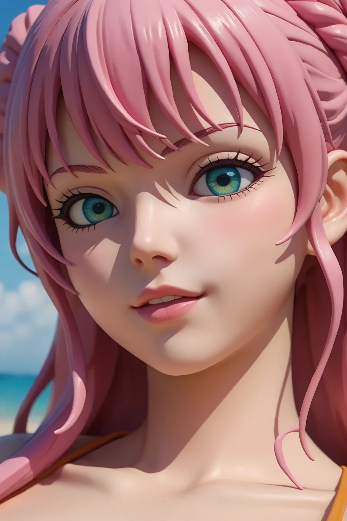 baby face, (pink short wavy hair:1.5,messy hair:1.5), (photorealistic:1.8), (masterpiece, sidelights, exquisite beautiful eyes: 1.5), masterpiece*portrait, realistic, 3D face,(cute face),front view: 1.6、 (glowing blue eyes:1.2),plump face:1.5,(tareme:1.5)、(seductive smile:1.2),Rosy Mouth,Slim Body,abs, shiny hair, shiny skin: 1.5、medium breasts,cleavage、solo,(stand)、(white bikini)、(charactor focus:1.5、portlate:1.5、upper body),beach,