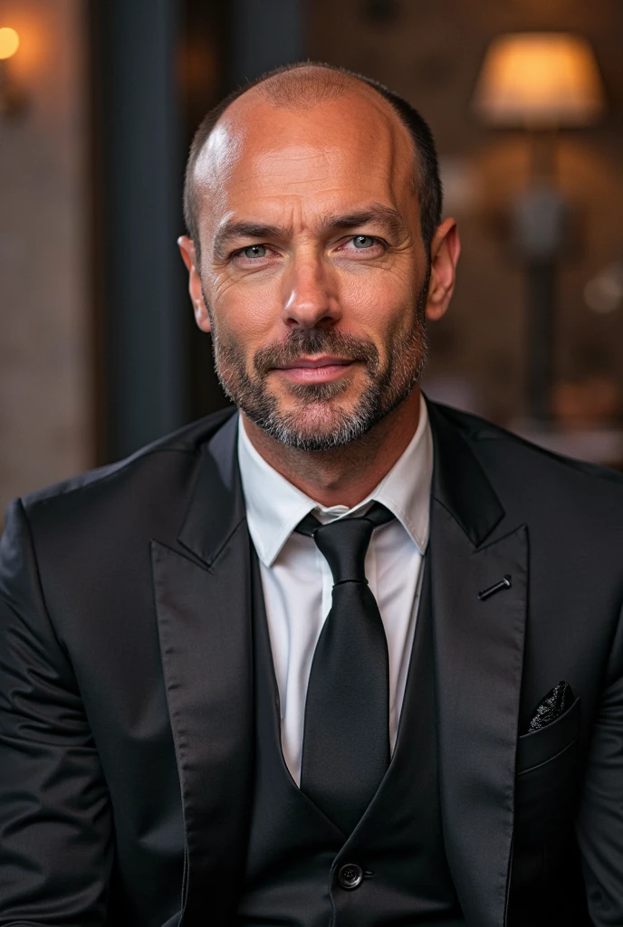 half body picture of a bald and beardless 40 years old man, fit slim shape, nice dark outfit, magnetic long face, relaxing position, luxur crowded restaurant room background