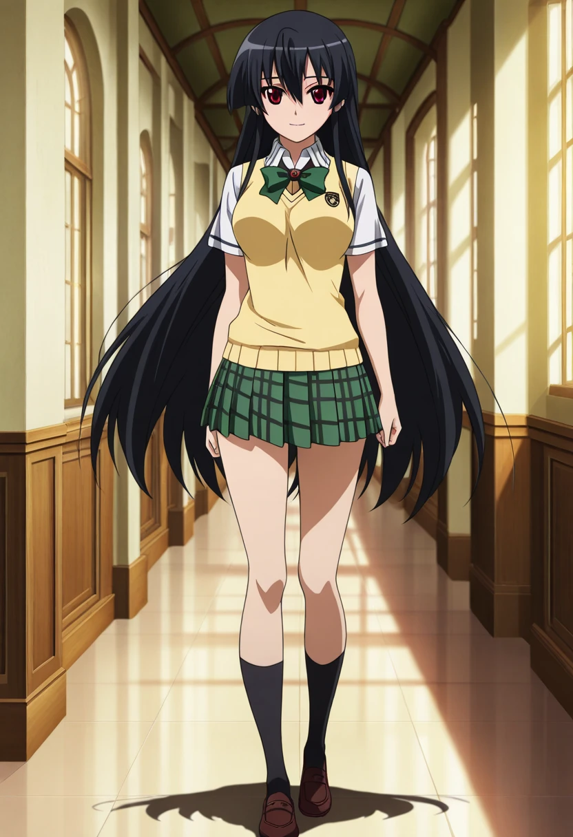 School girl, detailed yellow eyes, black and green hair, grey skirt, white uniform, green panty, smiling, 4k