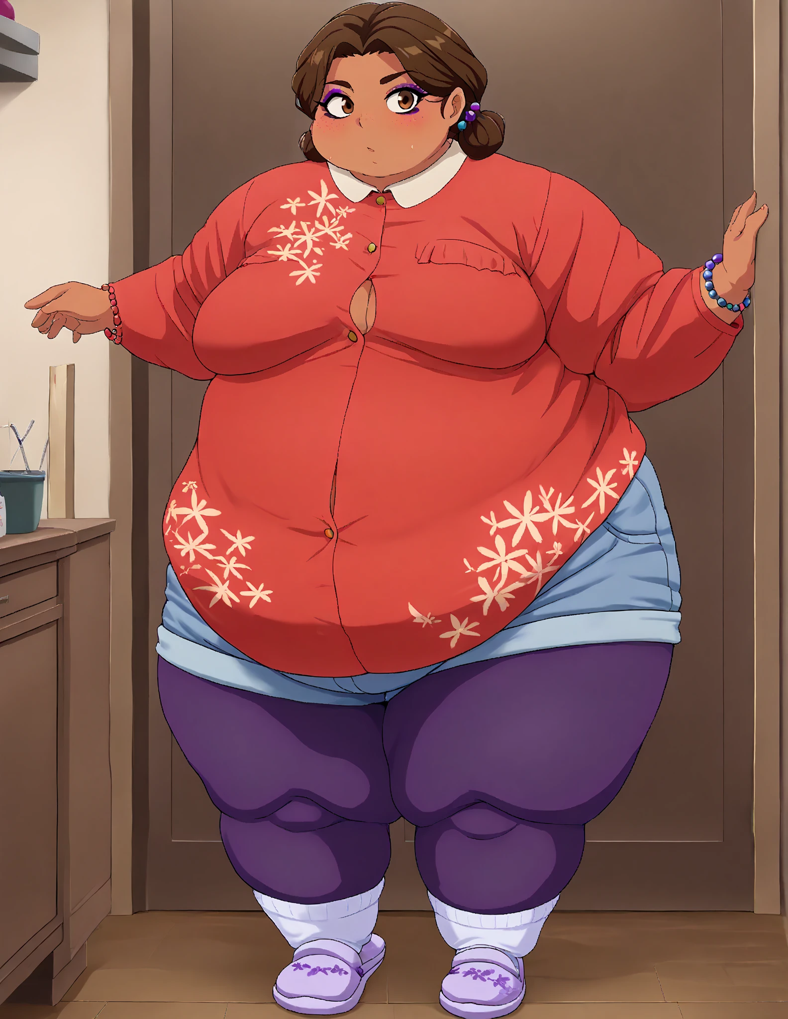 Nobita mom curvy tomboy short hair round glasses big tits naked wearing stocking pink tshirt, pink apron sweating full body open legs