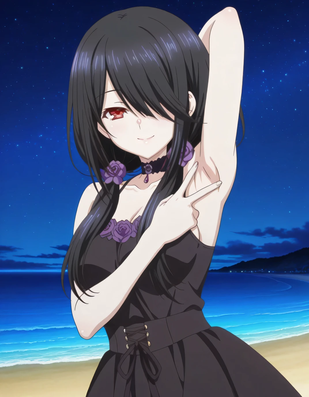 kurumi tokisaki, black hair, red eyes, long hair, hair over one eye, twintails, low twintails, mature female, medium breasts, anime screencap, black dress, sleeveless, choker, collarbone, skirt, black skirt, flowers, hair flowers, purple flowers, twintails, low twintails, high quality, solo, upper body, (contrapposto), v, hand behind head, spread armpit, presenting armpit, closed mouth, night sky, beach, looking at viewer, smile, best quality