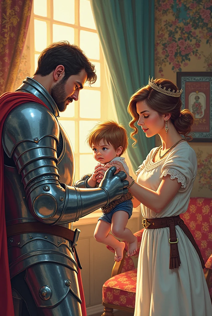 young handsome prince with blonde hair, sitting in a throne with a cute boy sitting in his lap, in his side there is a Knight holding his sword, 