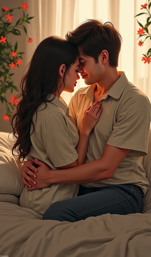 A bride and groom wearing traditional white Sundanese wedding dress sitting on the sofa hugging each other,photo studio backdrop,Indonesia,Realistic.