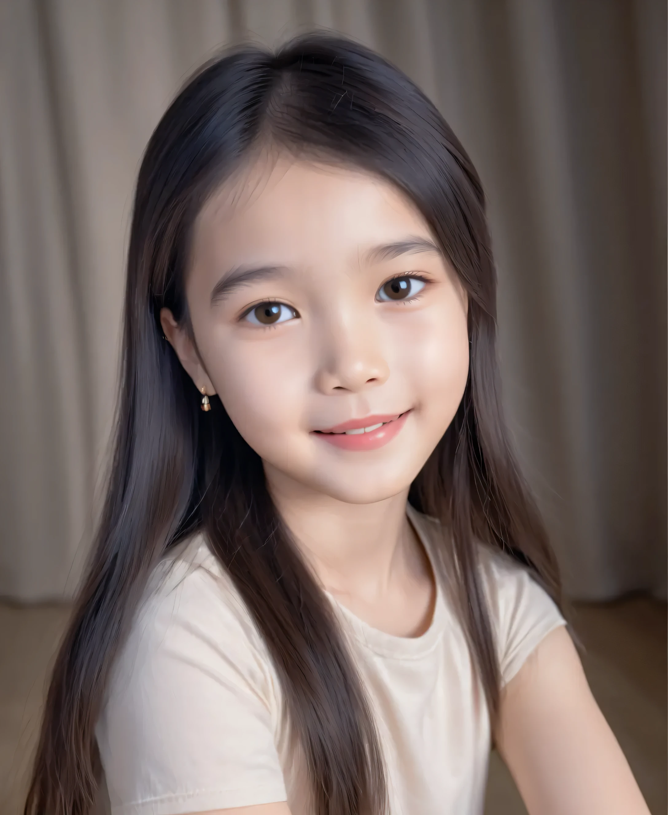 Highly realistic photo, ((masterpiece), (best quality), (raw photo), (photorealistic:1.4), Portrait of a 3-year-old Vietnamese girl, short hair, chubby face, wearing a white T-shirt, (dark blue background), photo taken by Sony A7IV,photorealistic