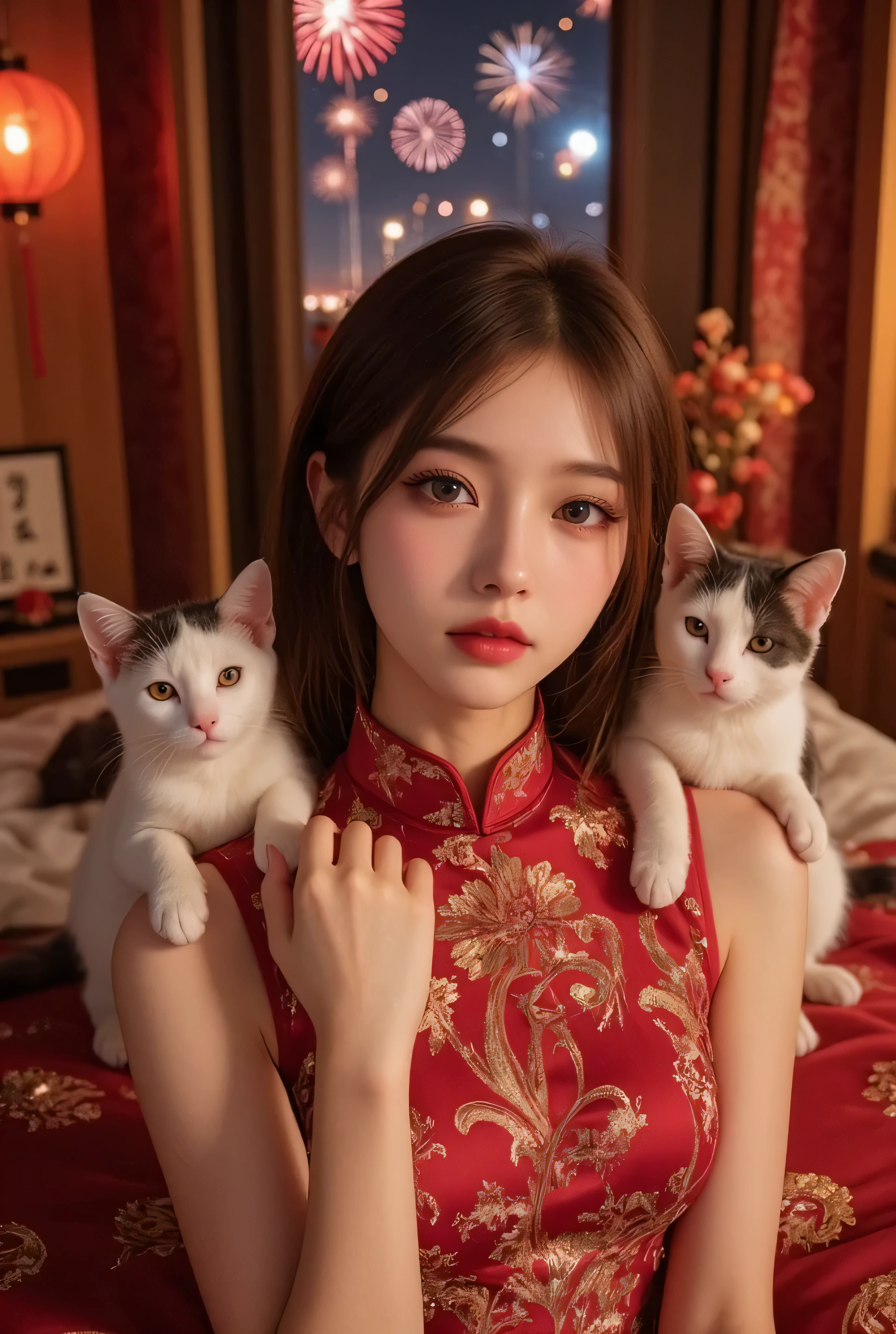 Cat ears、 face up, attractive, pretty girl, ponytail、 (( fine facial features , eroticism)), dramatic lighting , realistic , 8k, Dramatic Shadows , intricate and elaborate patterns , super detailed photo , chiaroscuro lighting , Pleasant colors , deep contrast , super real 、 pink lipstick、 warm room、Vintage Fireplace 、 cinematic composition、Close-up of face, pretty half part transparent open shoulder loose outfits dress, tang style, A beautiful Korean idol wearing a one piece red- black tightly cheongsam with phoenix and intricate floral golden embroidery, golden and silver outline on dress, hand hold pink feathers transparent Chinese fan with golden ink painting of bird and tree , standing gracefully in a room filled with traditional Chinese New Year decorations. The room features vibrant red lanterns, decorative calligraphy scrolls, a small Chinese orange tree with golden ornaments, and several red envelopes scattered across the floor and hanging from the tree. Adorable, playful cats are part of the scene—some sitting near the tree, others curiously pawing at the red envelopes or lounging around. Through a window or an open door in the background, vibrant Chinese fireworks light up the night sky in an array of reds, golds, and blues, casting a magical glow into the room. The idol’s outfit is paired with subtle accessories like red hairpins or earrings, complementing the festive look. The atmosphere is warm and lively, filled with the joyful essence of the celebration, enhanced by the shimmering lights of the fireworks and the lively decor. 1girl,