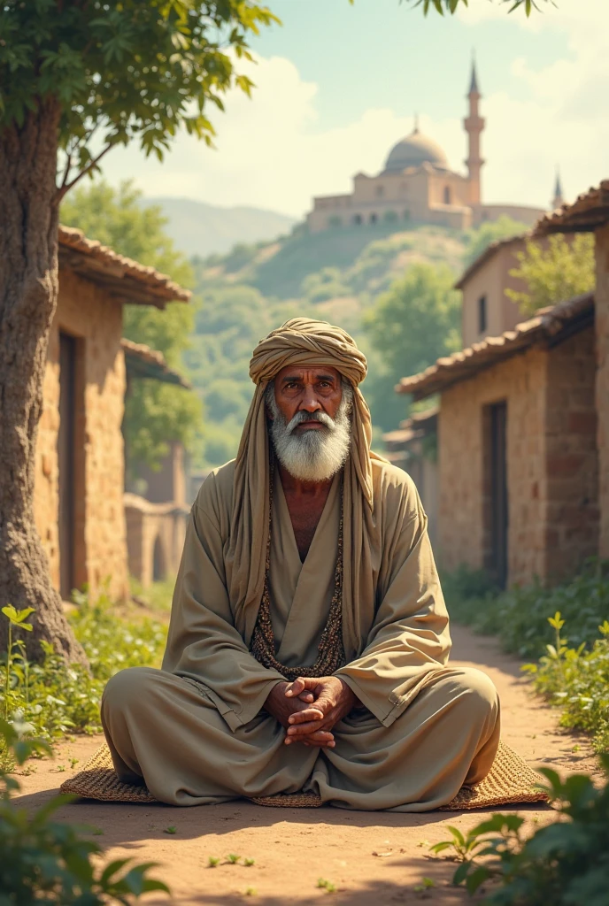 A Muslim old man is doing ablution infront of a mosque. wearing bunjabi and pagri in the head. picture ratio is 9:16