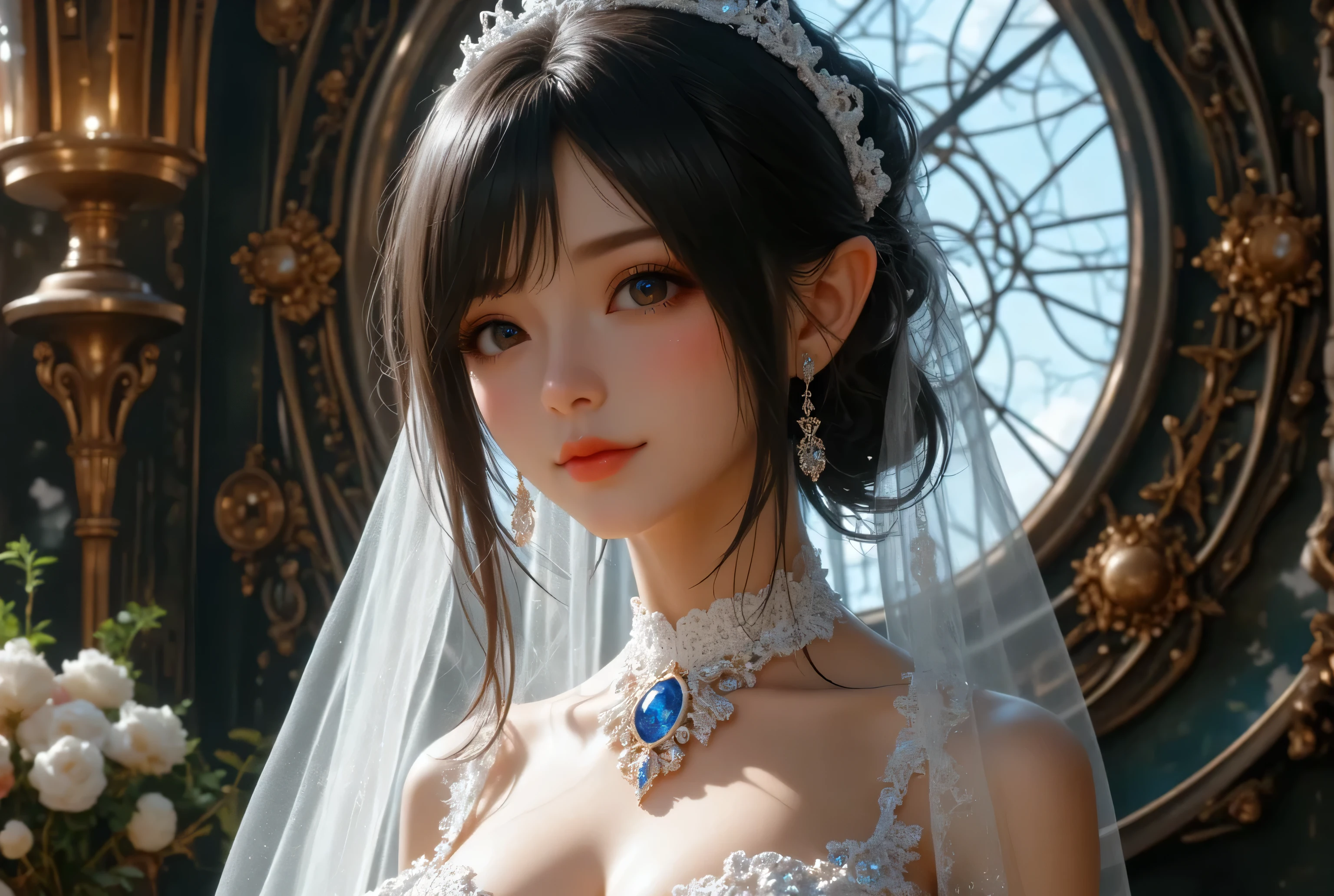 best quality , Super quality, 16k, Unbelievably Absurd, very detailed, lovely photo, delicate and dynamic, Kiri Reina female, seductive smile, beautiful princess dress , great style , bouquet, steampunk, DIESEL PUNK , clock punk , cyberpunk, Glitter effect, shining jewelry, shining big beautiful blue gem at necklace, red cheek, wedding style black hair, cinematic lights. Light on face in details, pink lights, 1girl, best detail skin details, close look, view from above,