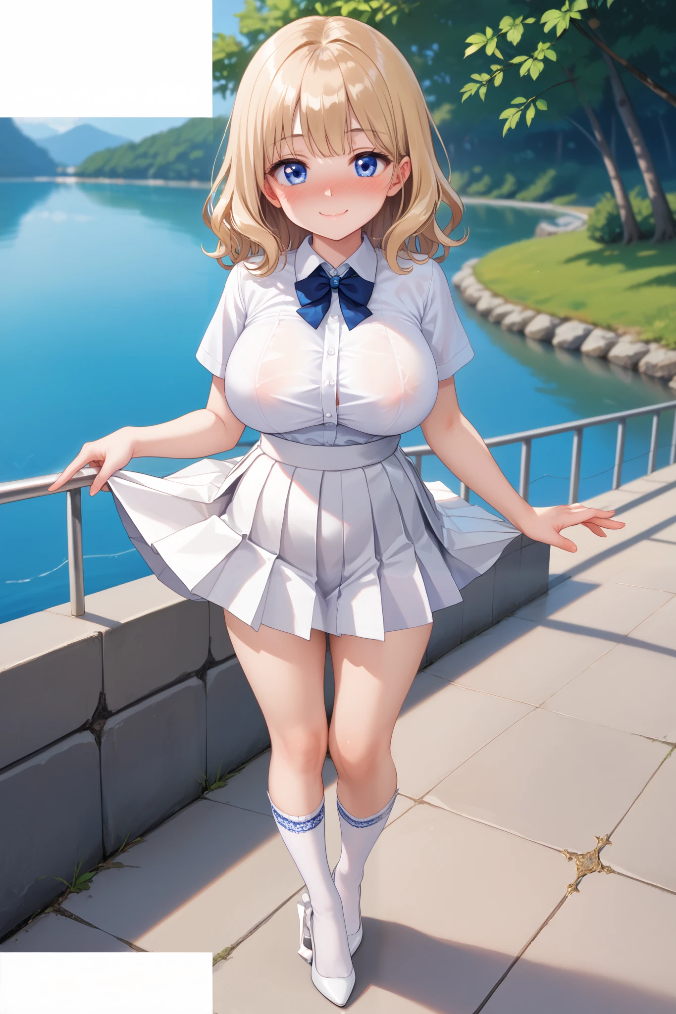 (((topless))), (((nipples))), (((spread pussy))), (((open legs))), (large breast), (((cleavage))), ((smooth texture, realistic texture, photorealistic)), ((Detailed beautiful eyes, beautiful eyelashes, realistic eyes)), extremely detailed CG unified 8k wallpaper, very fine 8KCG wallpaper, (masterpiece, Best Quality), High resolution, Ultra-detailed, ultra-sharp, 1 girl, full nude,Naked, at poolside, ((( sheer white sailor shirt, Sleeveless, open front))), (((navel ))), (((sheer micro mini skirt))), (Beautiful face, Cute face, Detailed face), (((cowboy shot))), (((Sunny))), perfecteyes eyes