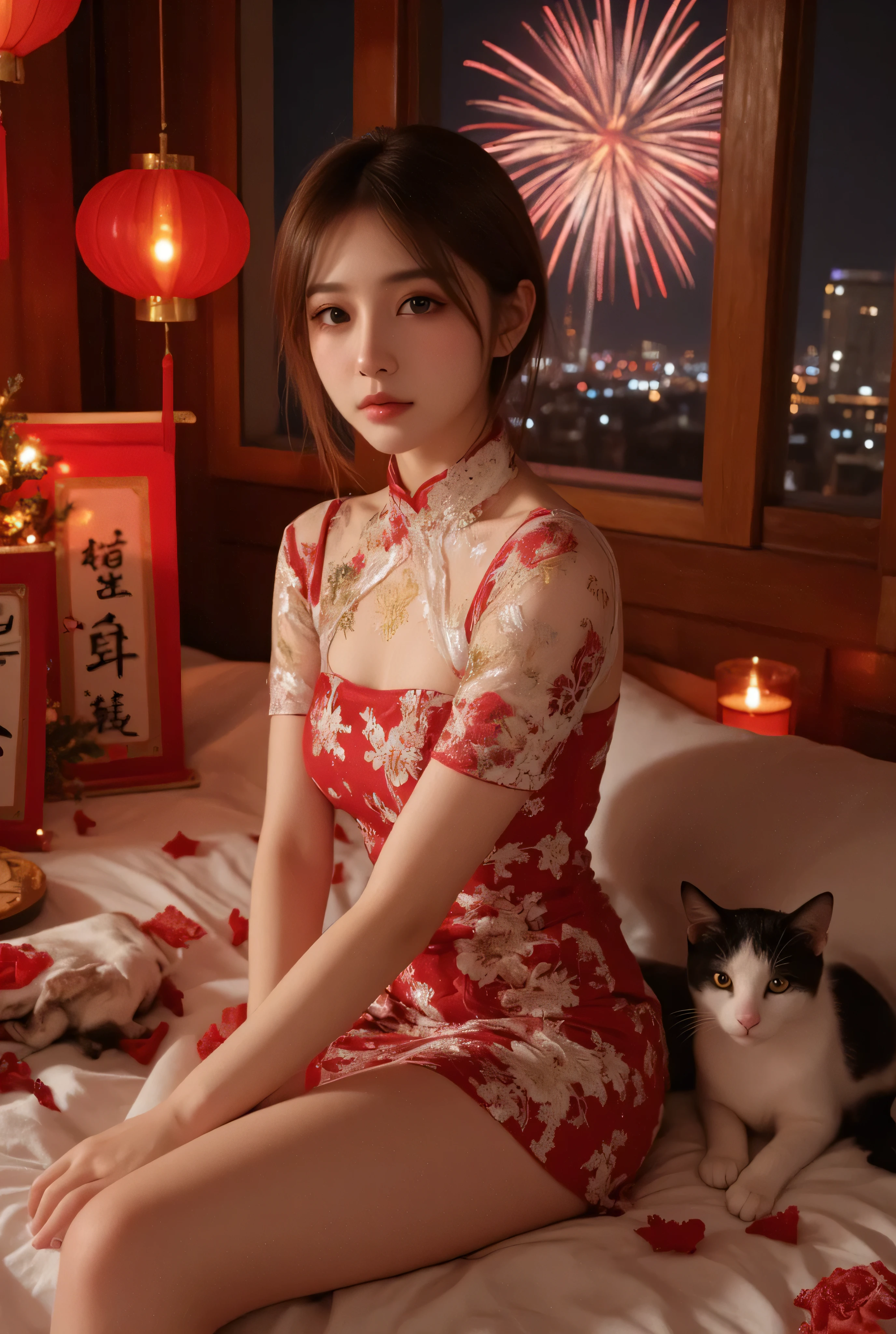 Cat ears、 face up, attractive, pretty girl, ponytail、 (( fine facial features , eroticism)), dramatic lighting , realistic , 8k, Dramatic Shadows , intricate and elaborate patterns , super detailed photo , chiaroscuro lighting , Pleasant colors , deep contrast , super real 、 pink lipstick、 warm room、Vintage Fireplace 、 cinematic composition、Close-up of face, pretty half part transparent open shoulder loose outfits dress, tang style, A beautiful Korean idol wearing a one piece red- black tightly cheongsam with phoenix and intricate floral golden embroidery, golden and silver outline on dress, hand hold pink feathers transparent Chinese fan with golden ink painting of bird and tree , standing gracefully in a room filled with traditional Chinese New Year decorations. The room features vibrant red lanterns, decorative calligraphy scrolls, a small Chinese orange tree with golden ornaments, and several red envelopes scattered across the floor and hanging from the tree. Adorable, playful cats are part of the scene—some sitting near the tree, others curiously pawing at the red envelopes or lounging around. Through a window or an open door in the background, vibrant Chinese fireworks light up the night sky in an array of reds, golds, and blues, casting a magical glow into the room. The idol’s outfit is paired with subtle accessories like red hairpins or earrings, complementing the festive look. The atmosphere is warm and lively, filled with the joyful essence of the celebration, enhanced by the shimmering lights of the fireworks and the lively decor. 1girl,