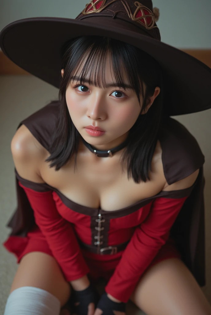 short_hair, brown_hair, red_eyes, short_hair_with_long_locks, hat, witch_hat, cape, black_hair, open_mouth、Megumin, kono subarashii sekai ni shukufuku wo!,(8k、RAW Photos、Highest quality、masterpiece:1.2)、(Realistic、Realistic)、1 girl、Megumin、Small breasts、classroom、I sat on a chair、Front view、(Open your legs to the sides:1.6)、Lots of eyelashes、Add shine to your eyelids、skeletally correct、Showing panties、Spread your legs out to the side、Panty shot、sexy、(Panties close up:1.0)、Skirt Lift、Roll up your skirt、Nipples are visible、Showing nipples、Small breasts