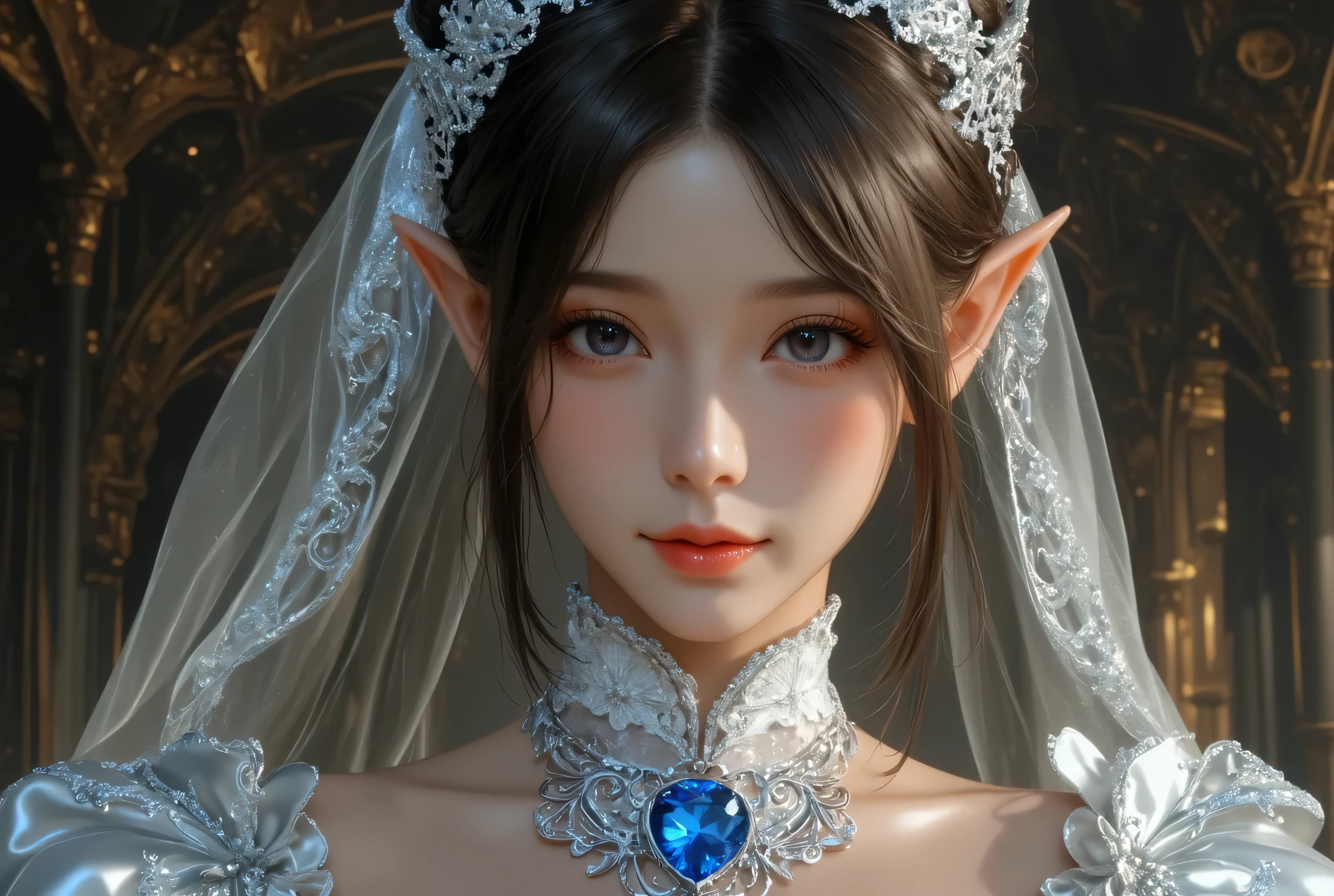 best quality , Super quality, 16k, Unbelievably Absurd, very detailed, lovely photo, delicate and dynamic, Kiri Reina female, seductive smile, beautiful princess dress , great style , bouquet, steampunk, DIESEL PUNK , clock punk , cyberpunk, Glitter effect, shining jewelry, shining big beautiful blue gem at necklace, red cheek, wedding style black hair, cinematic lights. Light on face in details, pink lights, 1girl, best detail skin details, close look, view from above,