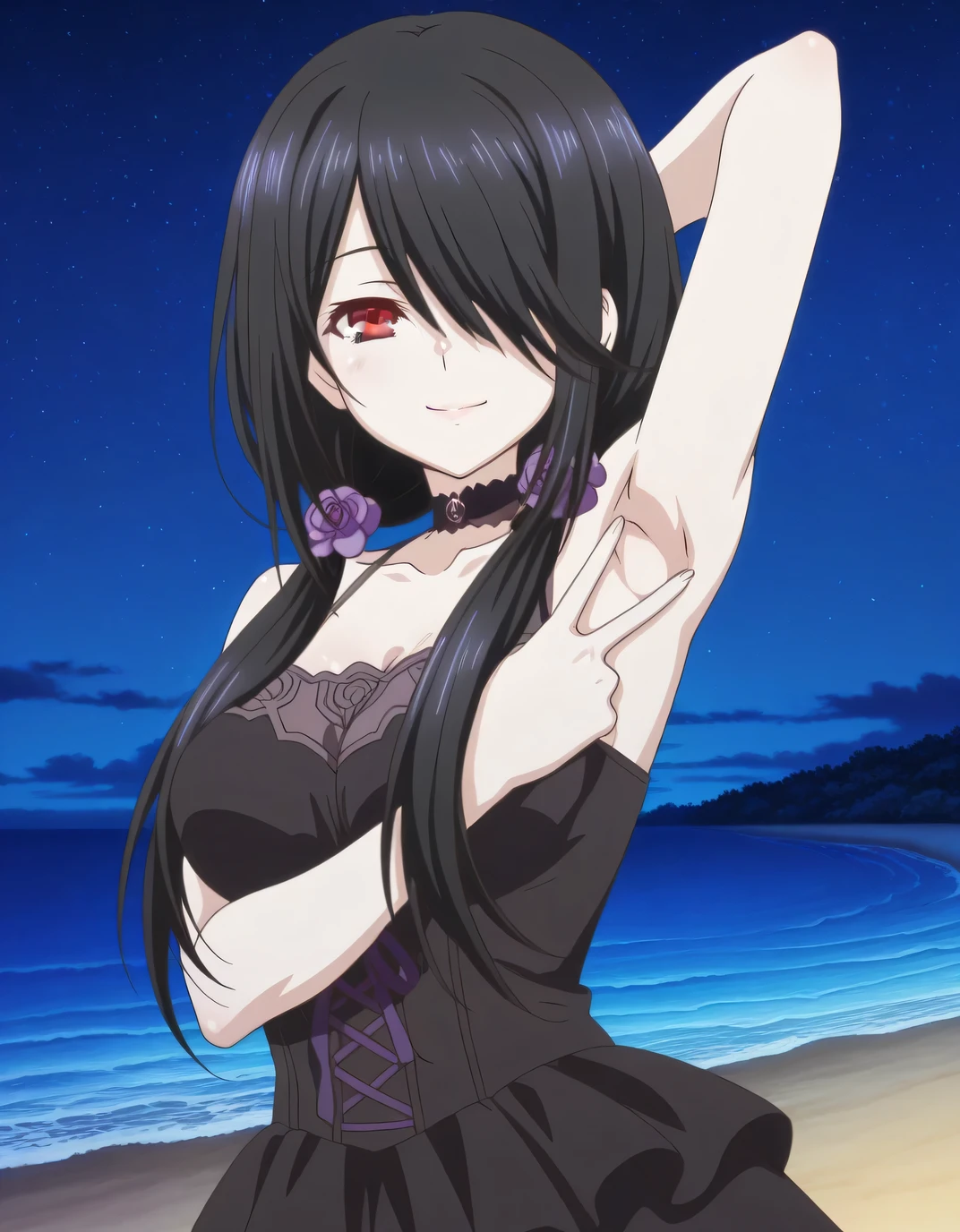 kurumi tokisaki, black hair, red eyes, long hair, hair over one eye, twintails, low twintails, mature female, medium breasts, anime screencap, black dress, sleeveless, choker, collarbone, skirt, black skirt, flowers, hair flowers, purple flowers, twintails, low twintails, high quality, solo, upper body, (contrapposto), v, hand behind head, spread armpit, presenting armpit, closed mouth, night sky, beach, looking at viewer, smile, best quality