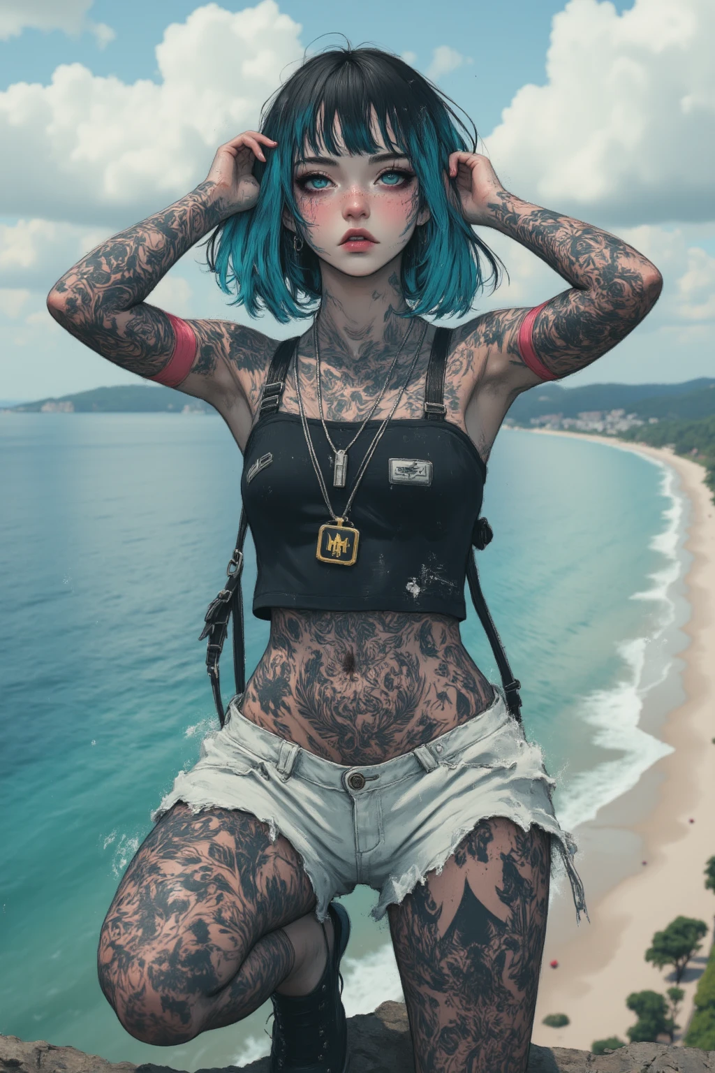A woman with blue hair and tattoos covering her body poses in front of a full moon.