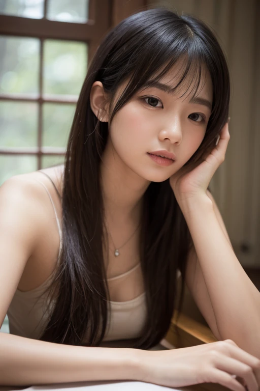 face、髪型そのままで上下分かれた水玉の水着で下半身も枠に入れて右手を自然に腰に当てて1人ので少し胸を小さくして恥ずかしそうな笑faceの表情で