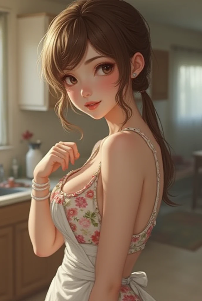 1girl, Mature female, sexy, fitness body, legs, Full Breasts, freckled, perfect face, makeup, make-up, red lips, Round Eye Shape, (Flirty smile facial expression:1.3), One-shoulder mini dress, Tall, Wide Hips, Triangular Face, Dark Skin, Auburn Hair, Brown Eyes with Green Flecks, Long Nose, Thin Lips, Receding Chin, Shoulder-Length Hair, Coarse Hair, Boho Braid, saggy breasts, Threader earrings, soft pink satin lipstick
A sleek, modern kitchen with stainless steel appliances and a marble countertop
good hand, 4k, high-res, masterpiece, best quality, proportional head:1.3, finely detailed skin, sharp focus, (cinematic lighting), night, soft lighting, dynamic angle, (detailed face without mask:1.2),
