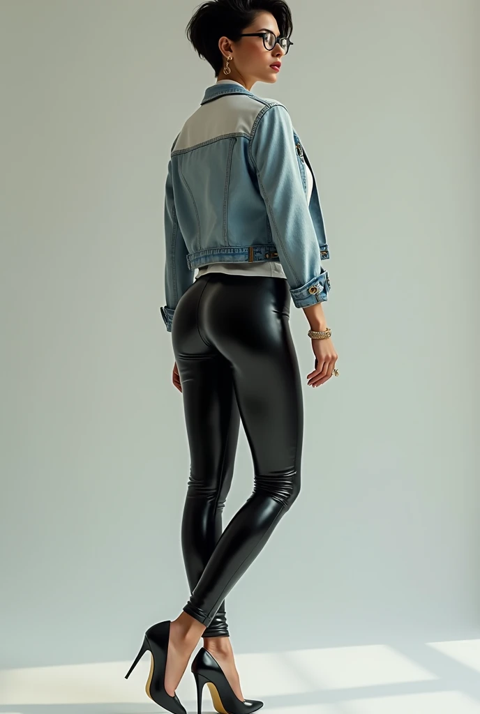 d4fn3, full body shot, from behind, ass, ass focus, black leather pants, wearing blue denim shirt, smirk on face, teasing viewer, perfect ass, on all fours