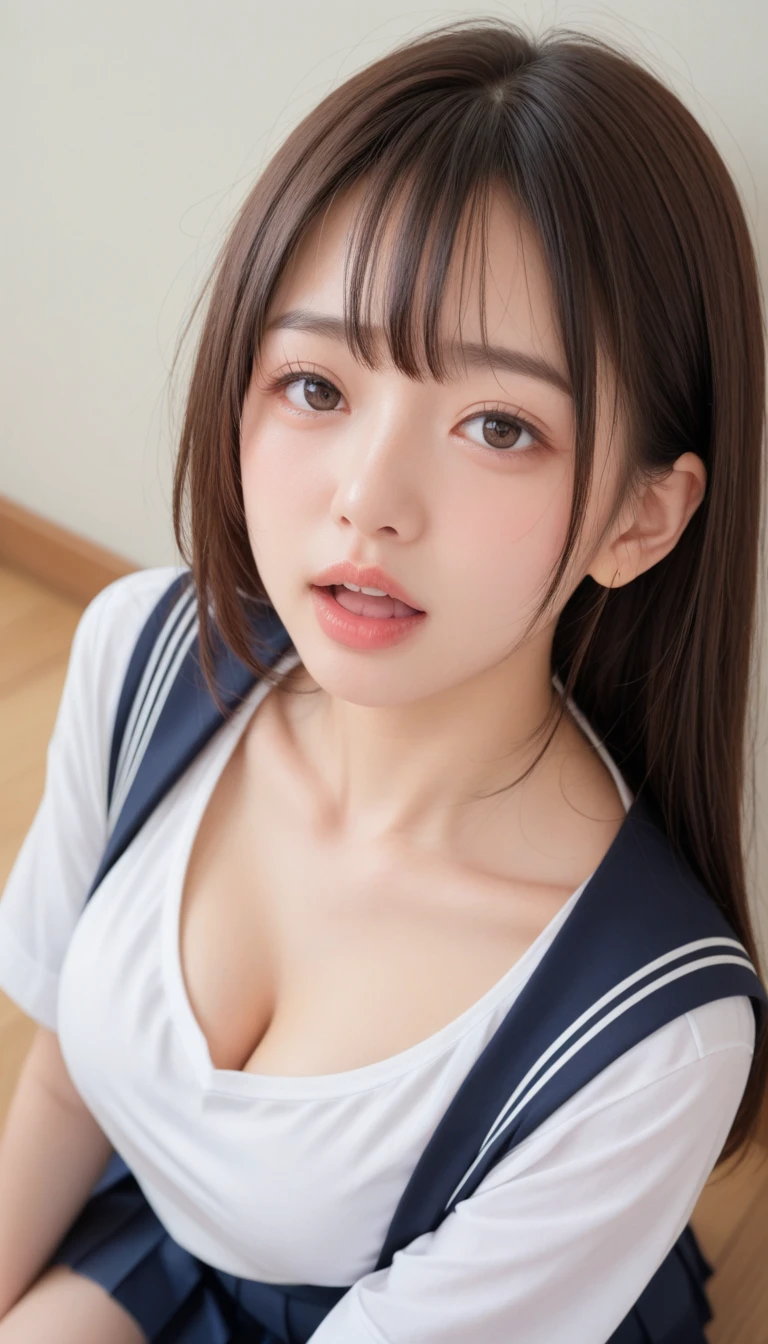 (masterpiece:1.3)、Super detailed finish、(High resolution、8k:1.3)、(highest quality、Super realistic like a photo:1.5)、professional lighting, sharp focus, ultra high definition face、Face is in focus、Ultra high definition and beautiful eyes、Eyes are symmetrical:1.3、High-definition and beautiful skin、firm skin、Ultra high definition hair texture、close up on face、high school girl、17 years old、(sailor suit:1.3)、(sexy pose, dynamic pose:1.2), cleavage:1.2、extra detailed sheer bra, by the classroom window、Very cute、very cute、natural make, glossy lips、I'm embarrassed by people staring at me、(Strange look), anxious look、blush:1.3, (embarrassed:1.3)、thin necklace、(looking sideways at the camera:1.2)、color々Photos from an angle