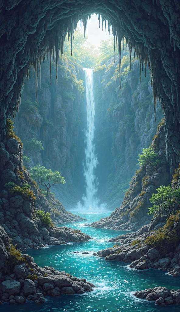 Create a wide-angle, high-definition, illustrator-style image of a cave ...